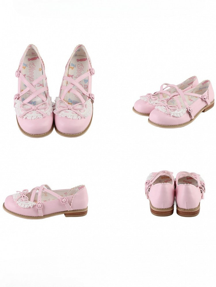 Pink Crisscross Design Lace Trim Bow at Top Lolita Shoes