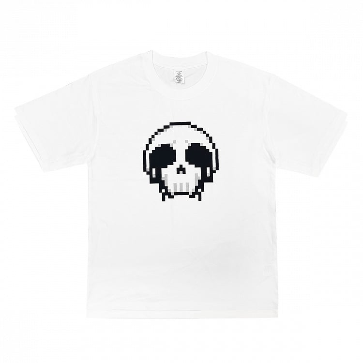 Black/White Round Neck Pixel Skeleton Print Cotton T-Shirt