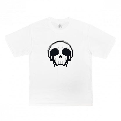 Black/White Round Neck Pixel Skeleton Print Cotton T-Shirt