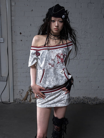 Asymmetrical Neckline Gray/White Wasteland Punk Distressed Dress with Detachable Handkerchief Hem
