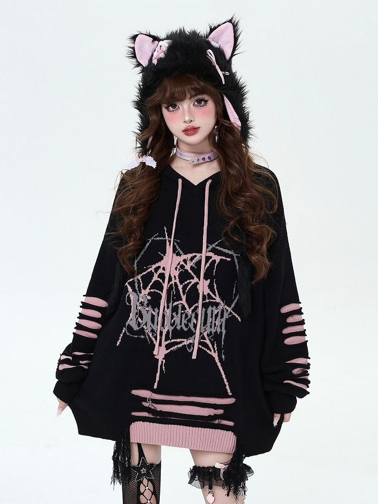 Black and Pink Gothic Spiderweb Distressed Holes Hooded Sweater