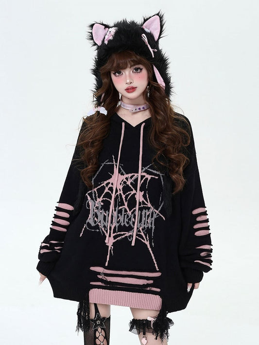 Black and Pink Gothic Spiderweb Distressed Holes Hooded Sweater