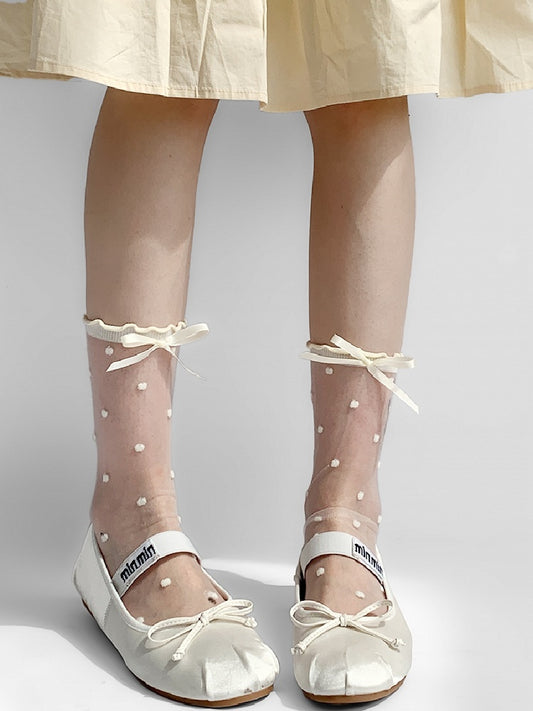 White/Gray Polka-dot Pattern Bowknot Details Calf Socks