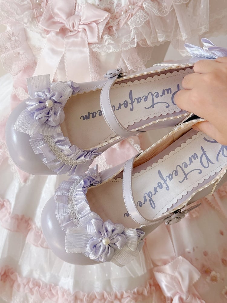 PU Purple Sweet Lolita Mary Janes - Sakura Accents with Floral Buckle & Ruffle Trim