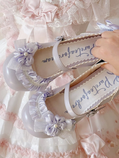 PU Purple Sweet Lolita Mary Janes - Sakura Accents with Floral Buckle & Ruffle Trim