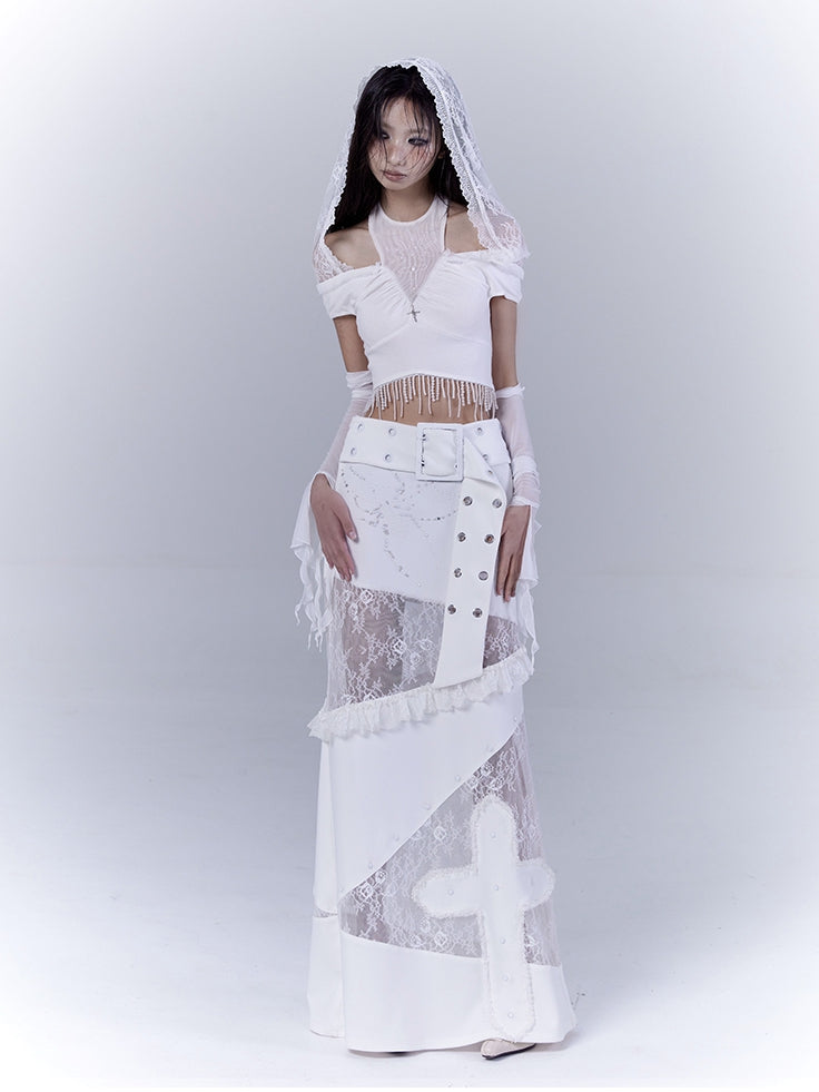 White Low Waist Lace Patches Cross Applique Punk Skirt with Buckle Belt