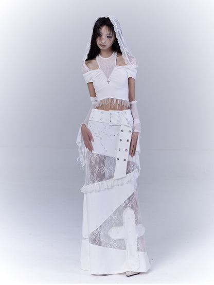 White Low Waist Lace Patches Cross Applique Punk Skirt with Buckle Belt