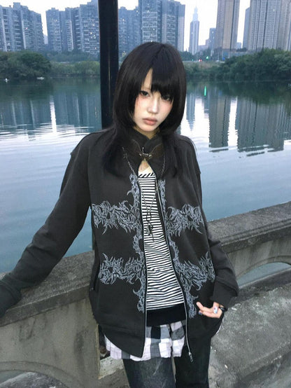 Dark Gray Stand Collar Zip-Up Hoodie with Punk Graphic Print