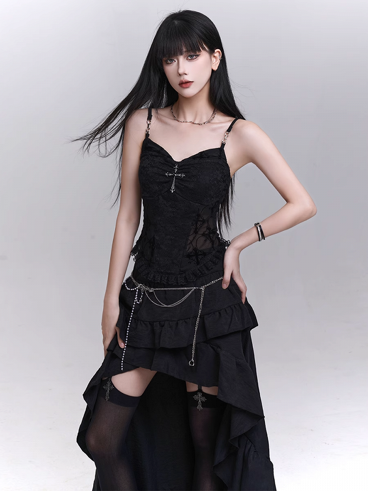 Black Lace Patches Waist Cross Decorated Cami Top with Beaded Chains