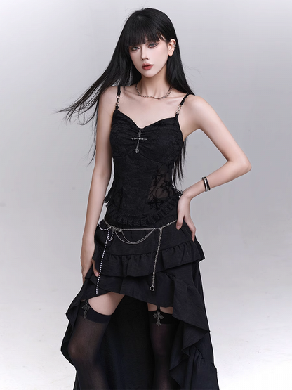 Black Lace Patches Waist Cross Decorated Cami Top with Beaded Chains