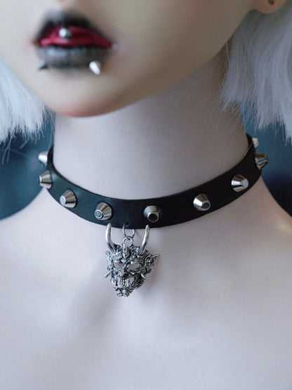 Black&Silver Gothic Demon Mask Pendant Studs Design Buckle Choker