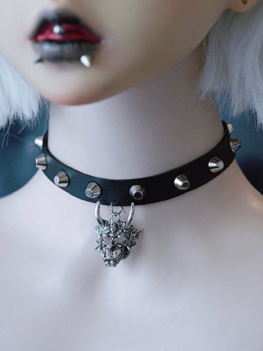 Black&Silver Gothic Demon Mask Pendant Studs Design Buckle Choker