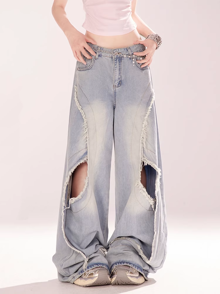 Blue Low Rise Distressed Hole Raw Hem Vintage Wide-leg Jeans