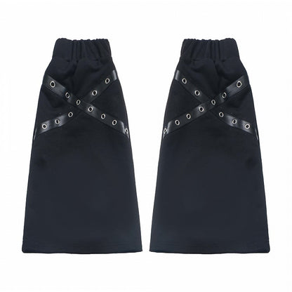 Black/Gray Criss-Cross PU Straps Leg Warmers