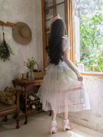 Oil Painting Water Lily Print Light Pink Square Neckline and Flutter Sleeves One Piece