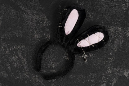 Pins Cross Details Gothic Black Plush Bunny Ears KC