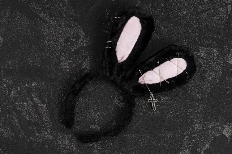 Pins Cross Details Gothic Black Plush Bunny Ears KC