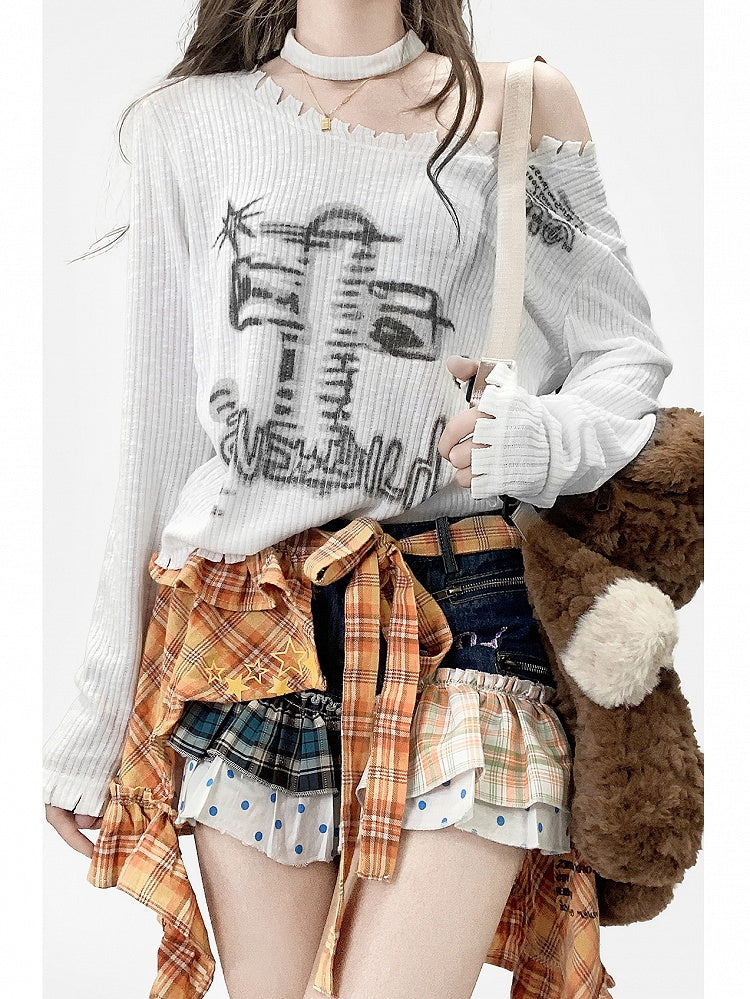 White Y2K Asymmetrical Neckline Print Design Long Sleeves Top + Neck Accessory