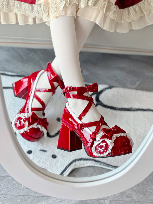 Wine Red Crisscross Design Bunny Ear Bowknot Sweet Lolita 8CM High Block Heels