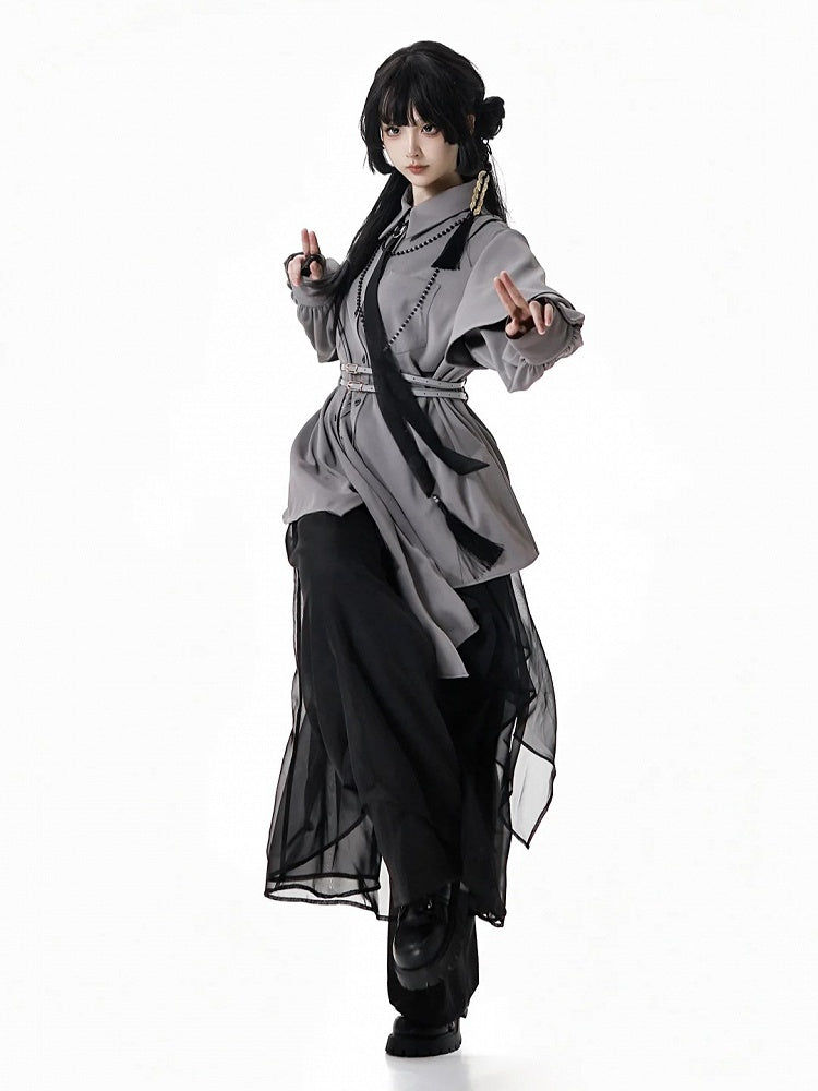 Gray Cheongsam Style Shirt with Detachable Bamboo Embroidered Shoulder Cape and Buckle Belt