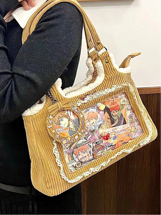 Coffee Corduroy Lace Trim Daily Ita bag with Card Holder Charm