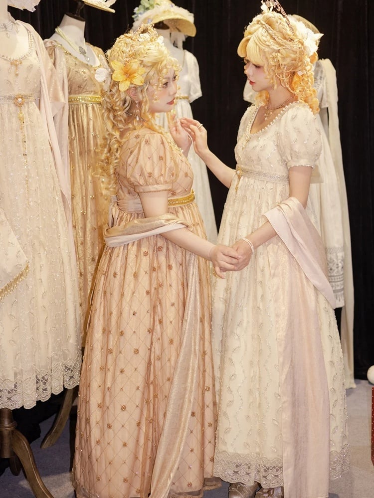 Allover Beaded Leaves Design Beige Empire Waist Elegant Lolita One Piece Long/Short Version