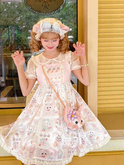 Pink Flutter Sleeves Kitten and Cake Print Sweet Lolita Dress Jumper Skirt