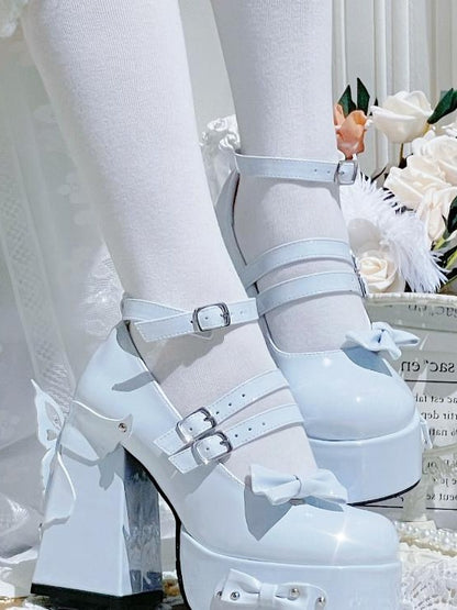 Light Blue Bowknot Stud Butterfly Design Platform High Block Heels Lolita Shoes