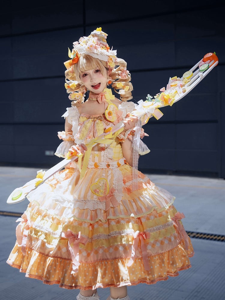 Orange Persimmon Cake Bow Accents Tiered Skirt Sweet Lolita Dress