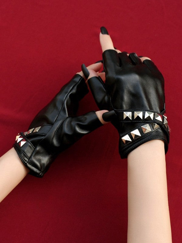 Black/White Steampunk Studs Details Finger Gloves