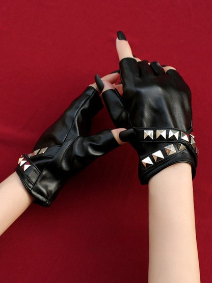 Black/White Steampunk Studs Details Finger Gloves