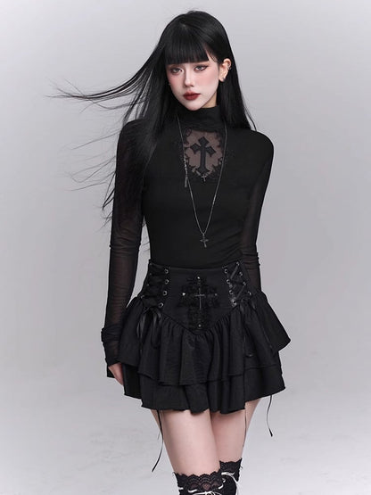 Black Mock Neck Coffin-shaped Cutout Cross Applique Mesh Sleeves Gothic Top