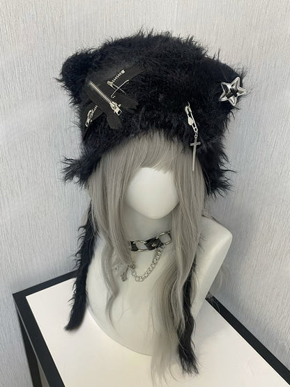 Black/White Pins and Zippers Accents Cat Ear Plush Hat