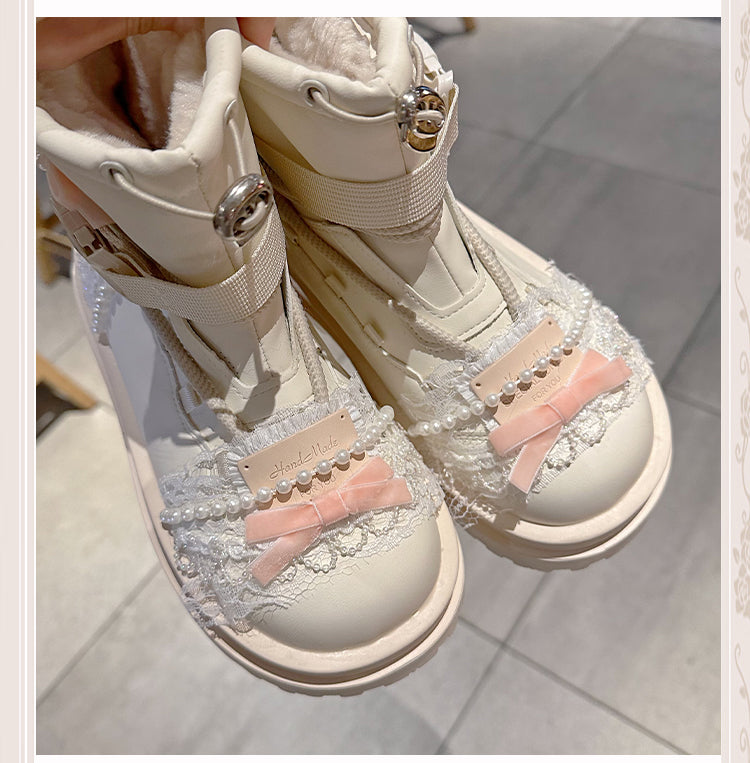 Beige Bow at Top Lace Beaded Chain Ankle Boots