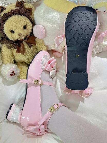 Sweet Lolita Pink Mary Janes - Bear-shaped Heel with Layered Bows at Top & Teddy Bear Decor Buckle