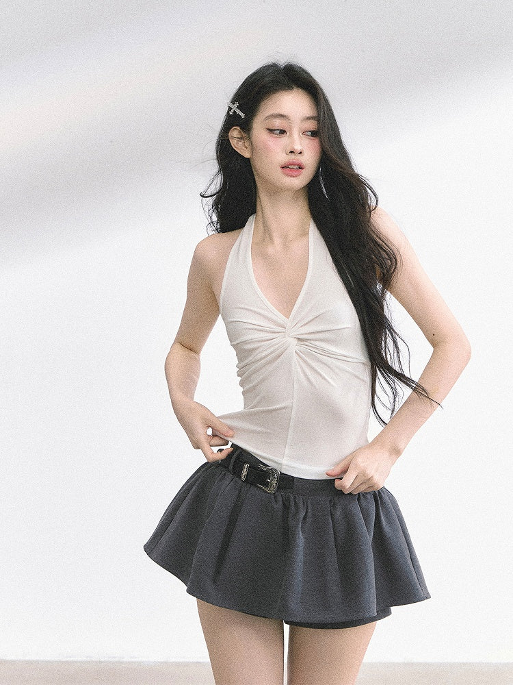 Twist Detail Neckline Lace Butterfly Applique White/Gray/Blue Backless Halter Top