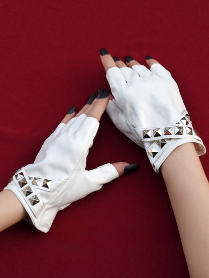 Black/White Steampunk Studs Details Finger Gloves