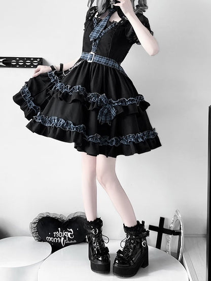 Black and Blue Plaid Cutout Shoulder Tiered Skirt Idol Lolita Dress Full Set