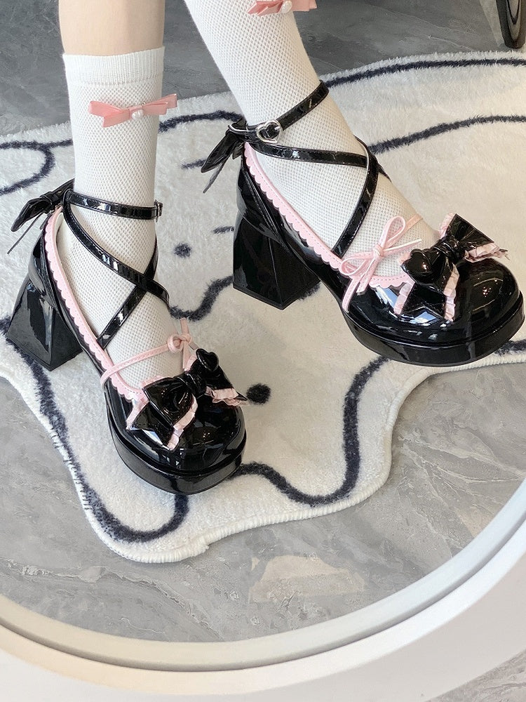 7CM Black & Pink Bow at Top Crisscross Design Sweet Lolita Platform High Block Heels