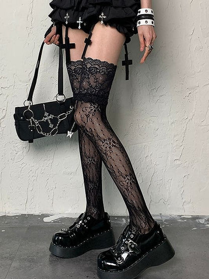 Gyaru Fashion Black Floral Pattern Lace Trim Y2K Overknee Stockings