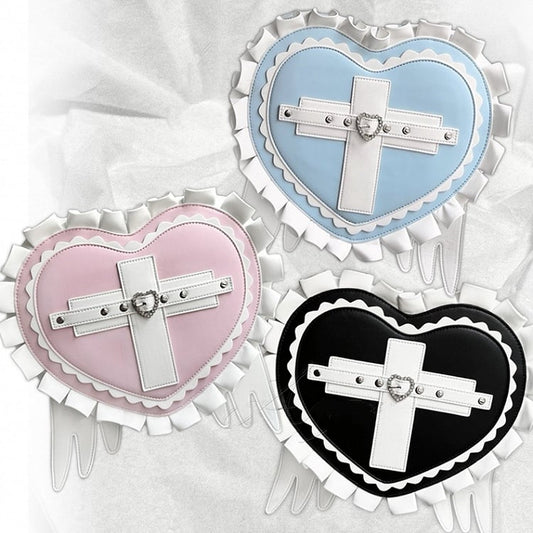 Jirai Kei Heart Backpack with Wings & Cross PU Leather in Black / Light Blue / Pink