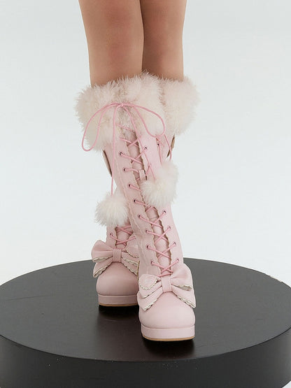 PU Pink Sweet Lolita Knee-High Boots - Plush Cuff with Bow Accents, Pompom Charm & Dual Closure