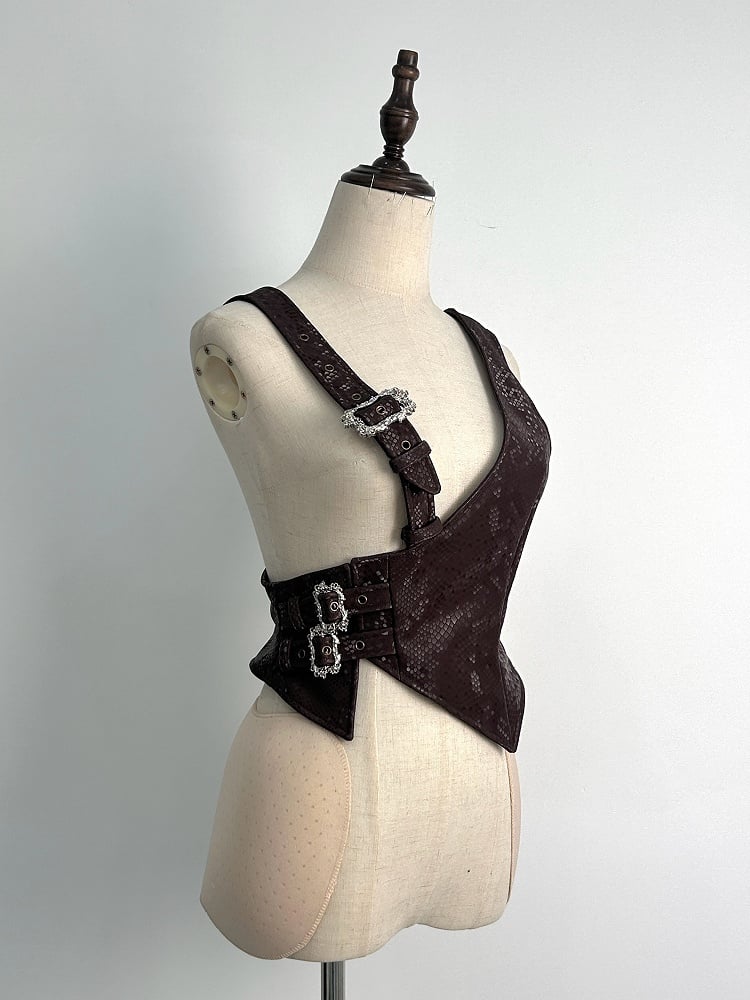 Steampunk Brown Asymmetrical Design Snakeskin-grain Leather Waistcoat