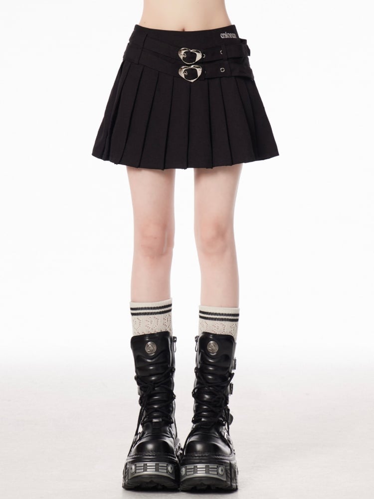 Double Heart Buckles Black Preppy Style Pleated Skirt