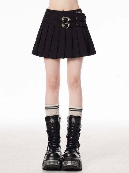 Double Heart Buckles Black Preppy Style Pleated Skirt