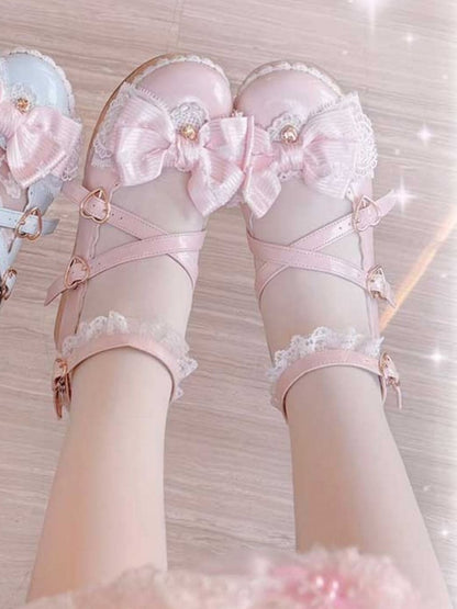 Pink Bow at Top Crisscross Design Heart Buckles Lace Trim Platforms