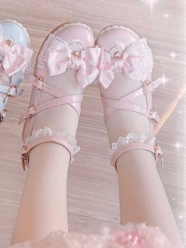 Pink Bow at Top Crisscross Design Heart Buckles Lace Trim Platforms