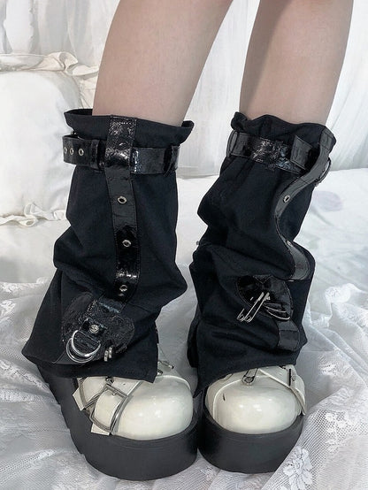Black Punk Buckles Decorated Pin Details Leg Warmers