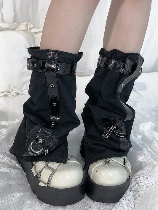 Black Punk Buckles Decorated Pin Details Leg Warmers