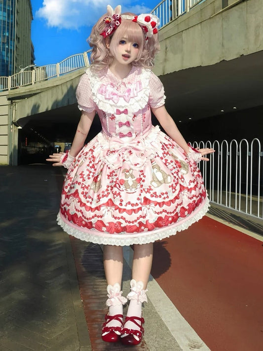 Strawberry and Bunny Print Pink Cottagecore Country Lolita Sleeveless Dress Bowknot Details at Waist